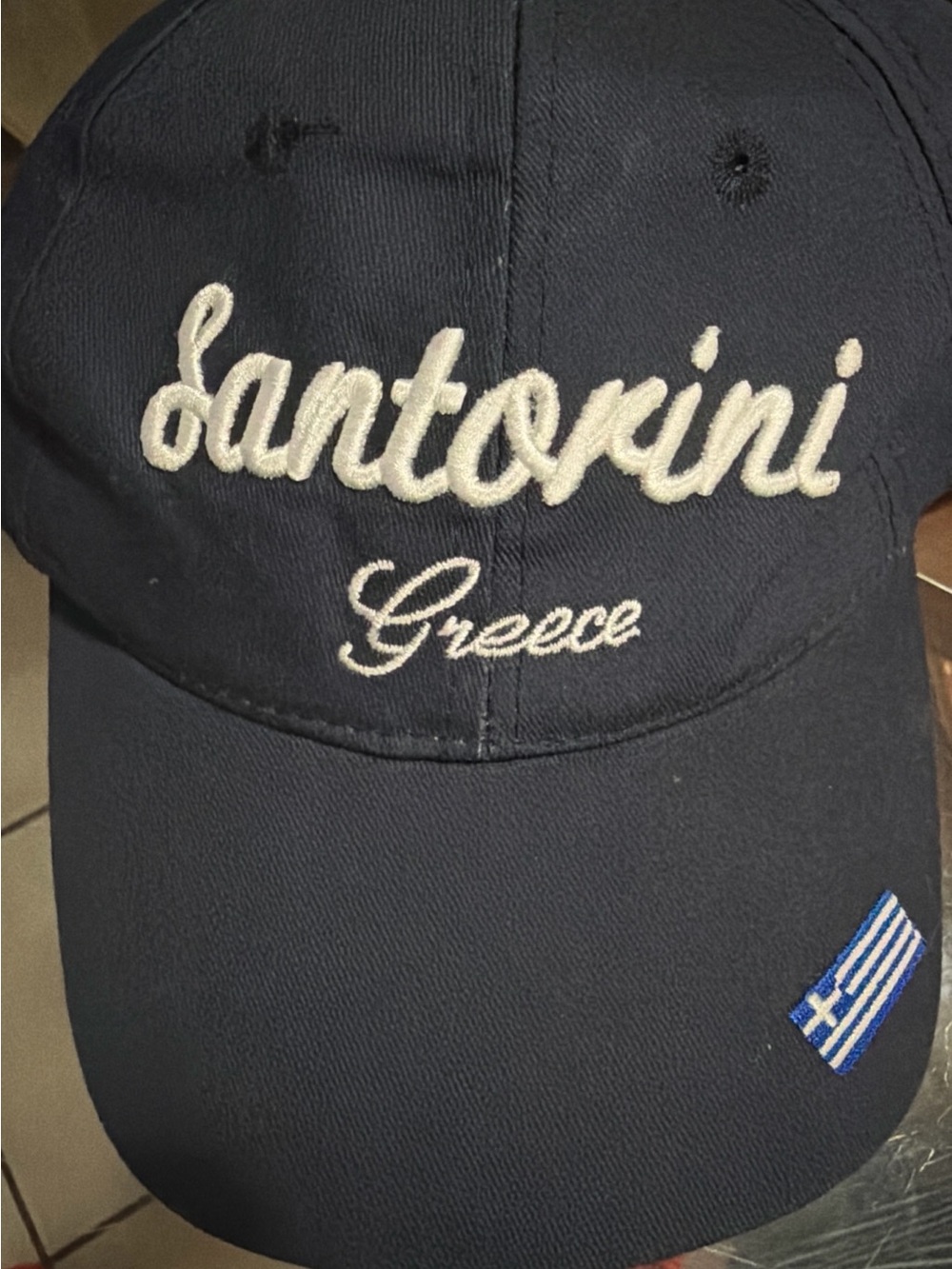 Santorini Greece Embroidered Baseball Cap - Navy with White